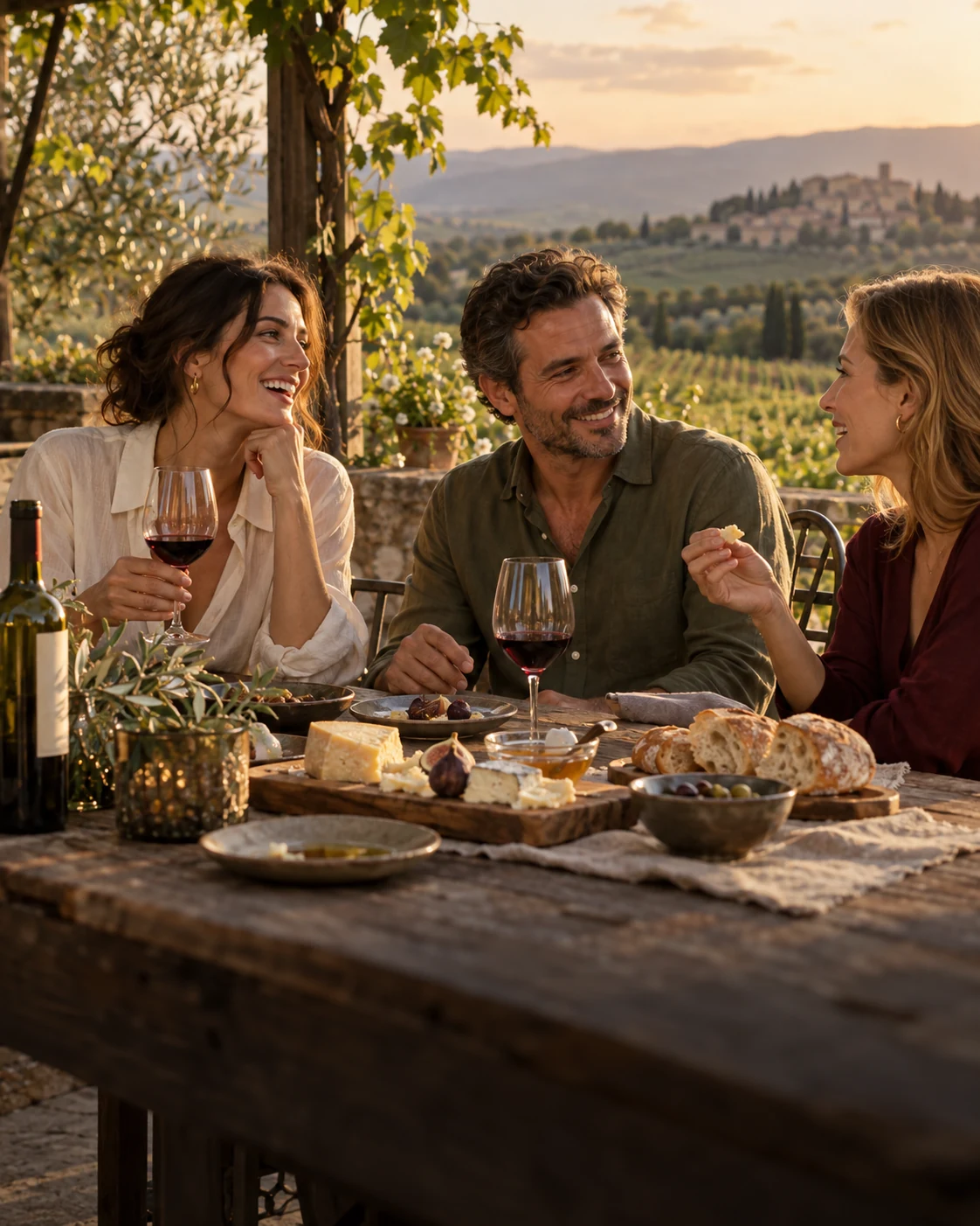 Adult friends sharing food and wine at a vineyard table