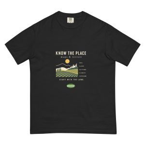 Know the Place terroir print on a black heavyweight T-shirt