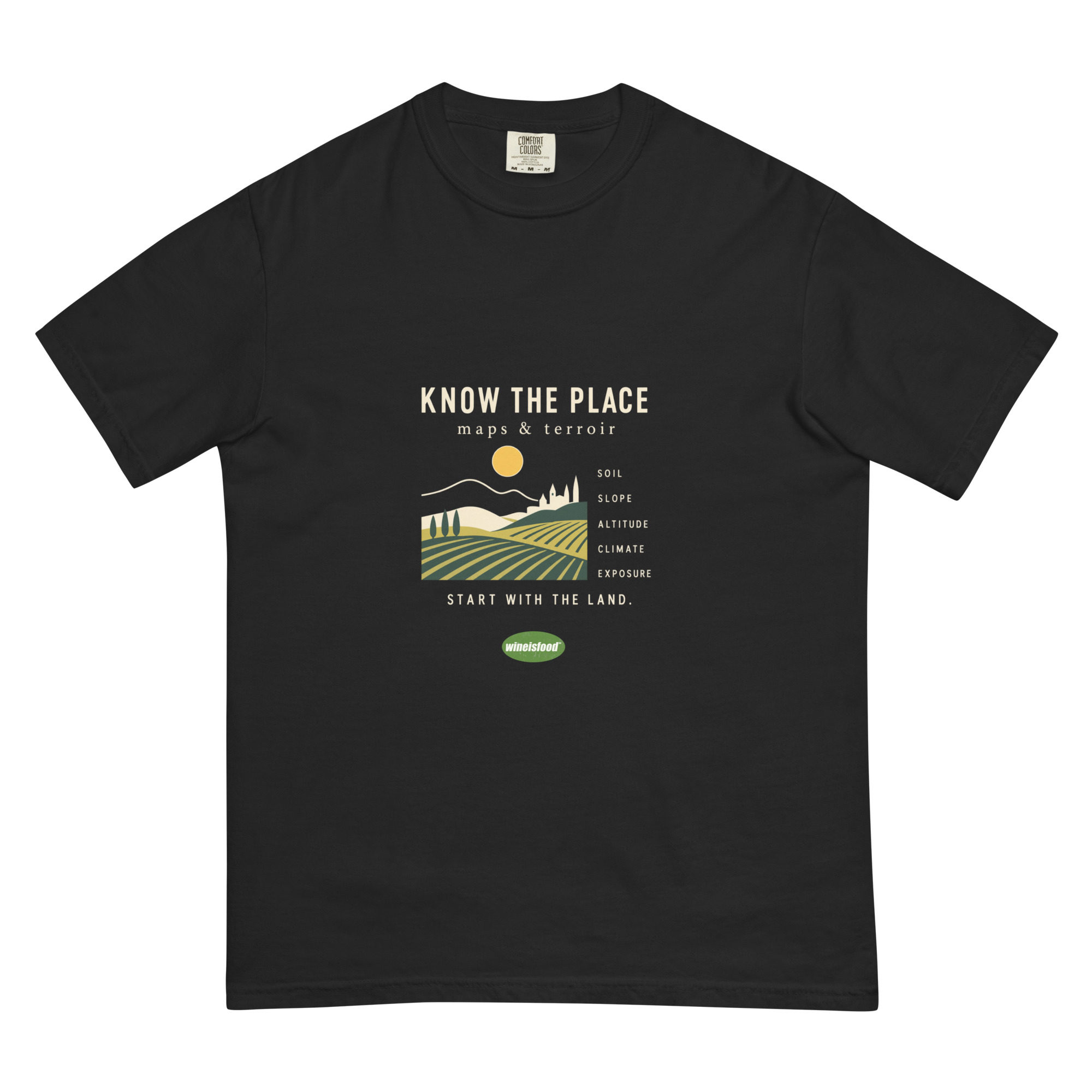 Know the Place terroir print on a black heavyweight T-shirt