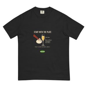 Start With the Plate wine pairing print on a black heavyweight T-shirt